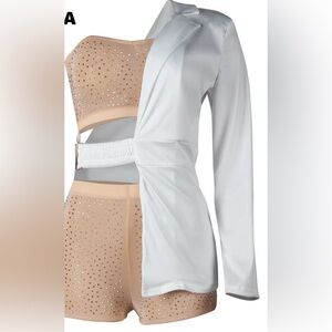 Beige Studded Strapless Romper with White blazer